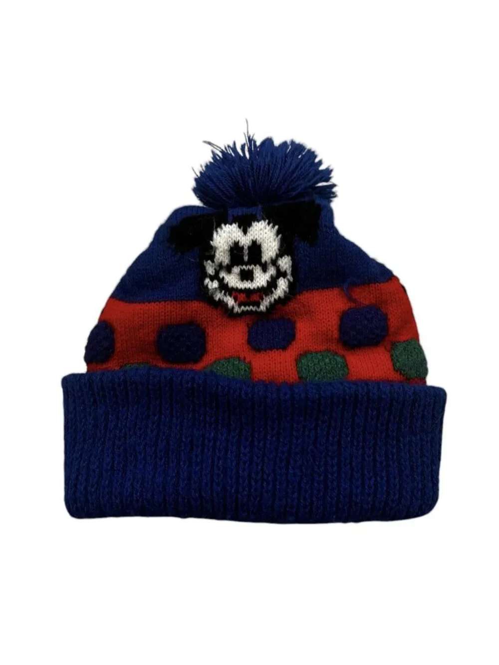 Vintage 80s Mickey Mouse Hat Stocking Cap Winter One Size Blue Pompom Gift